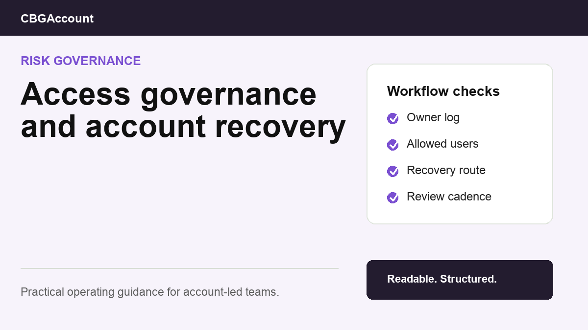 Access governance playbook showing account owner, allowed users, recovery path, review date, and risk checks