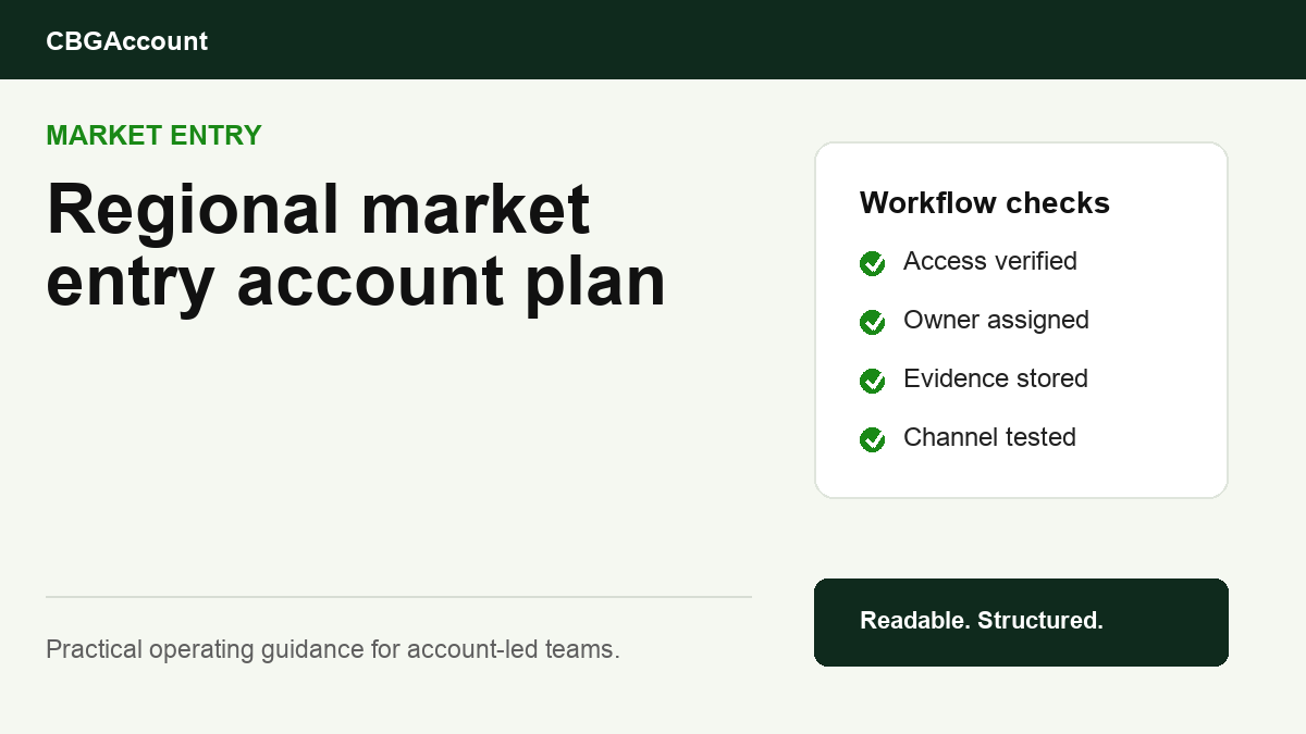 Regional market entry account plan showing access, ownership, evidence, channel tests, and launch decisions